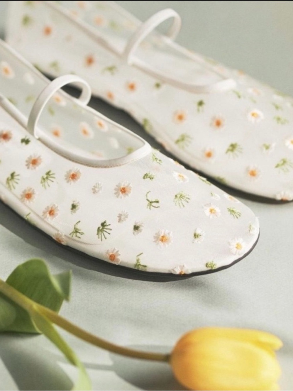Jeffrey Campbell White Floral Mesh Ballet Flats with Mary Jane Strap